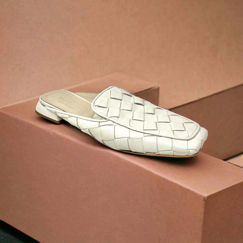 * Napoleoni White Woven Leather Square Toe Flat Mules Made in Italy Size 40